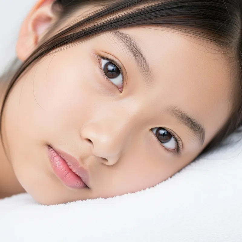 Close-Up of Young Asian Girl on White Bath Towel