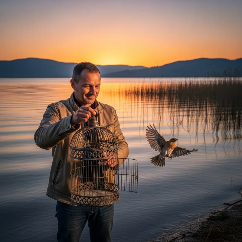 Man Releasing Bird by Lake Shore