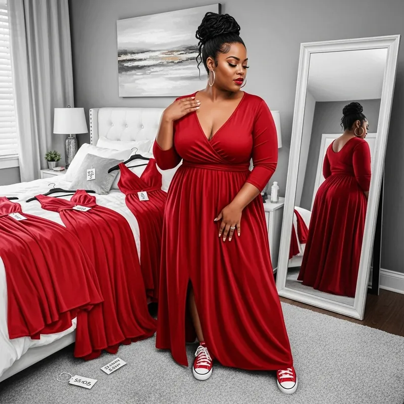 Airbrush Oil Painting of Plus Size Black Woman in Red Dress
