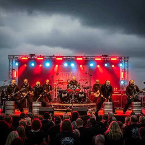 Intense Heavy Metal Concert Under Stormy Night Sky