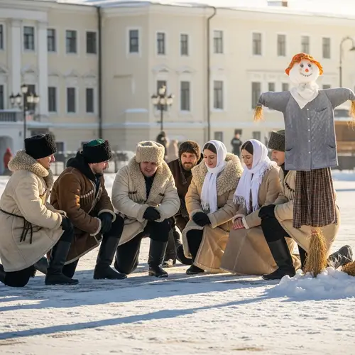 Forgiveness Gathering on Snowy Square | Diverse Scene in Traditional Attire
