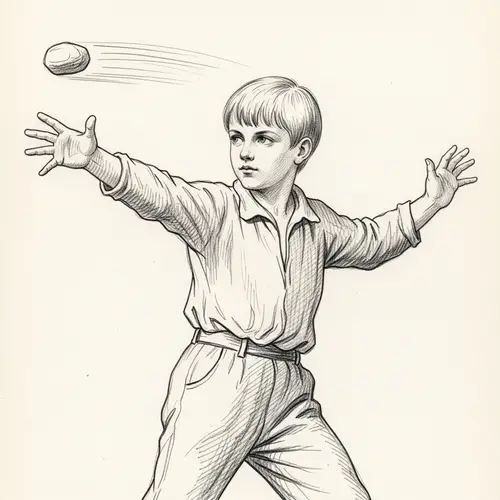 Caucasian Boy Pencil Sketch: Dynamic Pose with Stone Throw