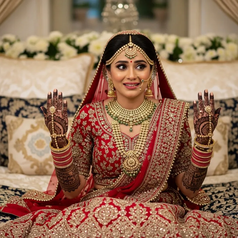 Elegant South Asian Bride Sitting on Bed in Red and Gold Wedding Attire