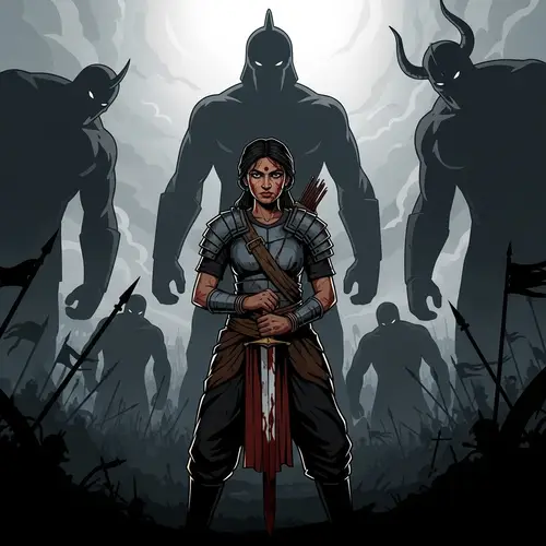 Epic Fantasy Scene with South Asian Female Soldier and Towering Adversaries
