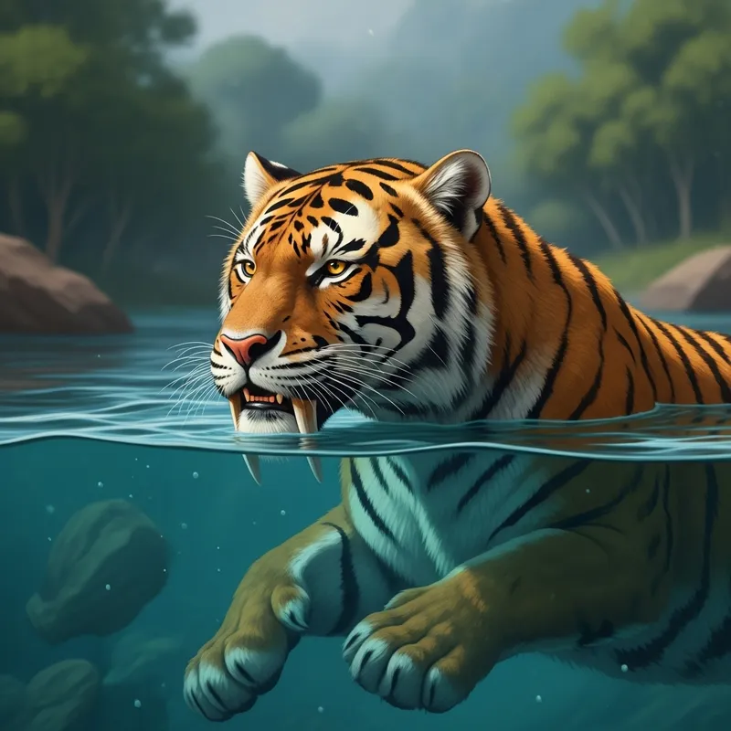 Swimming Saber-Toothed Tiger: Prehistoric Predator in Water