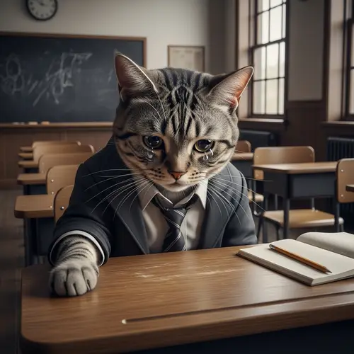 Emotional Cat in Suit at Classroom Desk