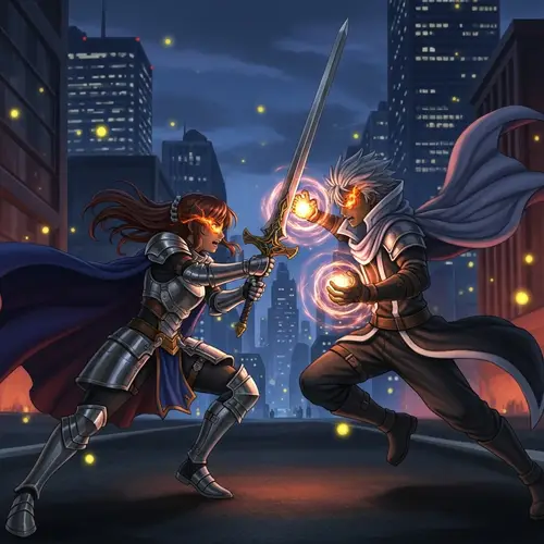 Anime Fighting: Epic Duel in Urban Landscape at Dusk