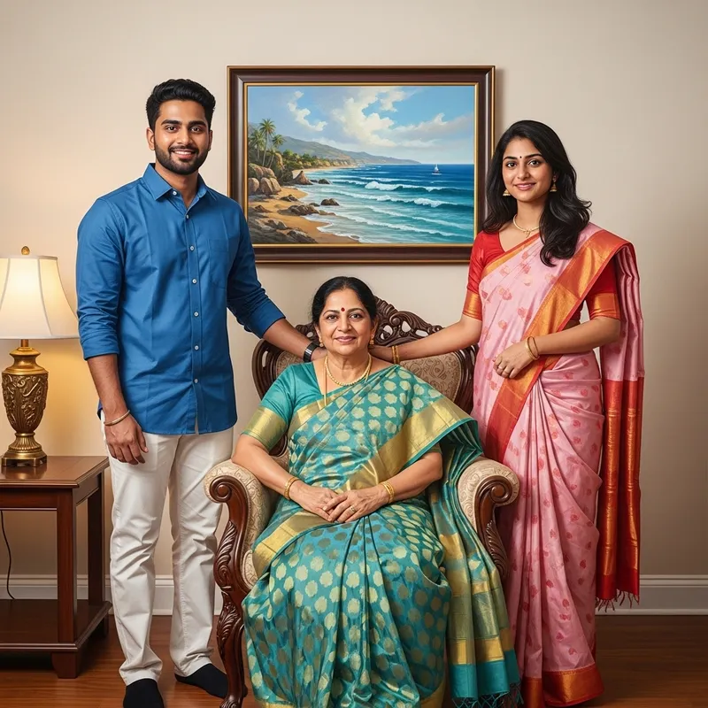 Warm Indian Family Room Portrait with Mother, Son & Daughter