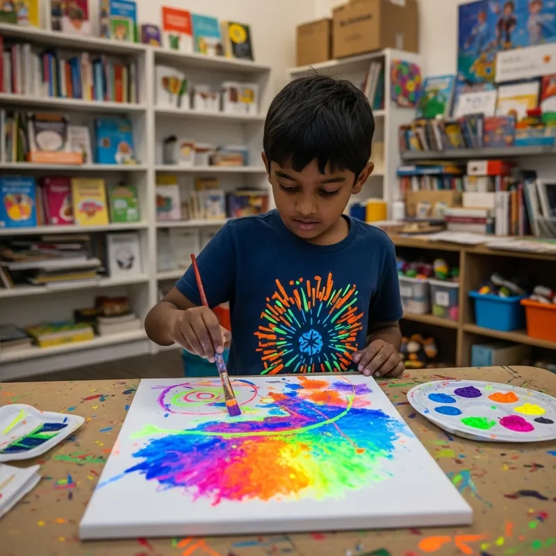 Enthusiastic Kid Painting Fluorescent Art in Learning Center Enthusiastic Kid Painting Fluorescent Art in Learning Center