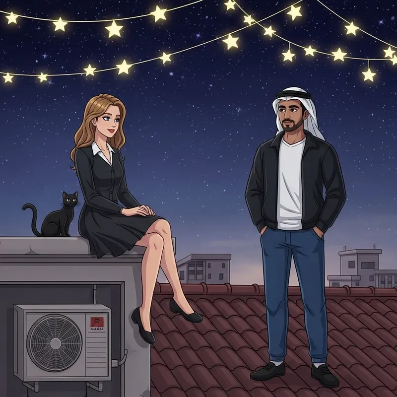 Enchanting Rooftop Encounter: Girl, Black Cat, and Thoughtful Man