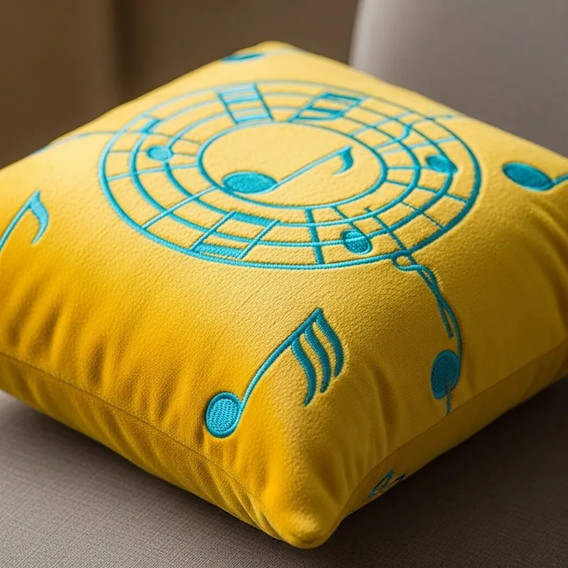 Plush Yellow Cushion with Turquoise Music Notes