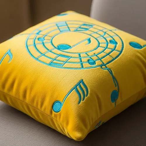 Plush Yellow Cushion with Turquoise Music Notes
