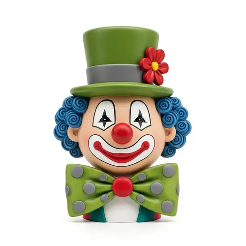 Whimsical Toy Clown Figurine with Red Nose and Blue Curly Hair