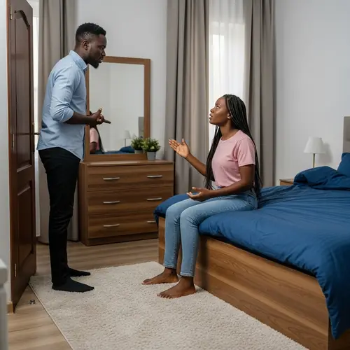 African Husband and Wife Arguing in Neatly Furnished Bedroom