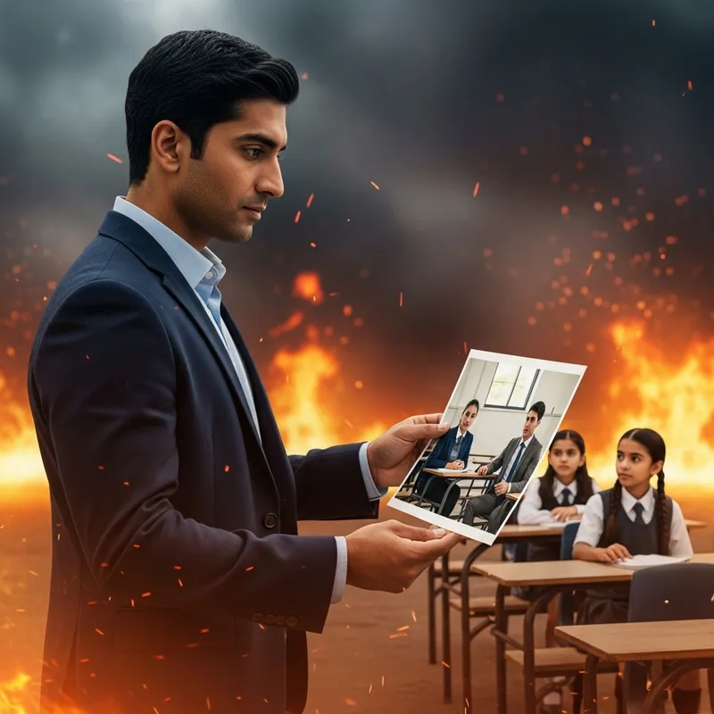 Man in Blazer Amidst Flames | School Scenario with Diverse Students