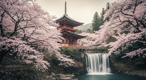 Serene Japanese Temple & Waterfall in Pastel Hues