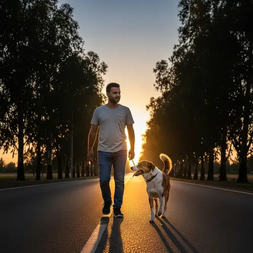 Middle-Eastern Man Walking with Loyal Dog at Sunset