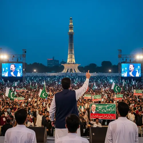 Passionate Political Leader Addresses Diverse Crowd at Landmark Tower