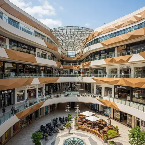 Innovative Three-Level Shopping Center with Diverse Stores & Eateries