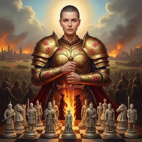 Joan of Arc as Queen of Chess: Golden Armor & Flaming Sword