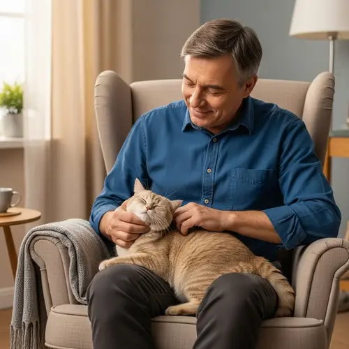 Fluffy Cat Enjoying Gentle Stroke from Middle-Aged Man