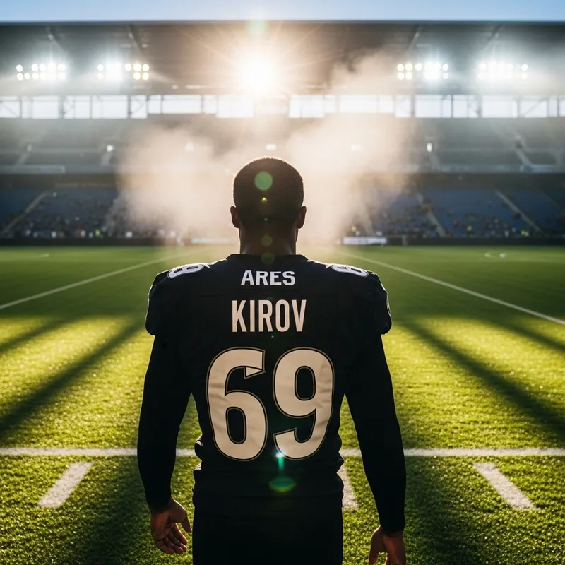 Black Footballer from Team ARES Enters Stadium Field with Jersey Number 69 and Name Kirov