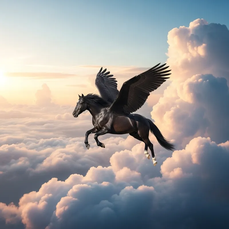 Majestic Black Horse Flying Through Clouds