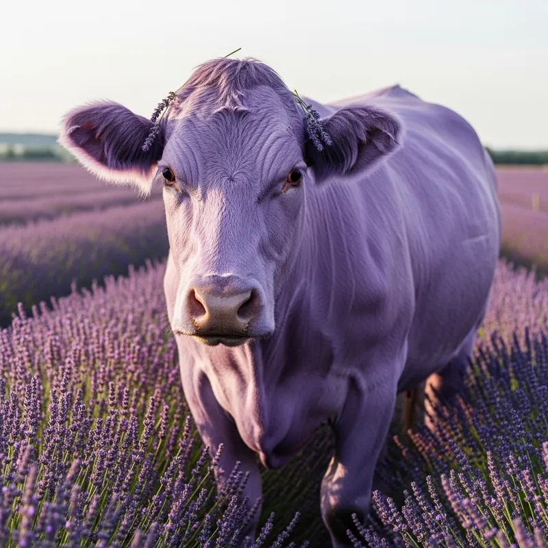 Lilac Cow Amidst Purple Flowers - Captivating Image