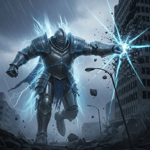 Armoured Figure Unleashing Havoc with Icy-Blue Aura