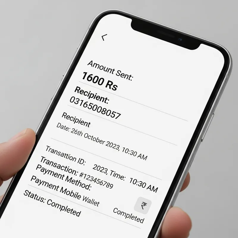 Mobile Payment Receipt: 1600Rs Sent to 03165008057 Recipient