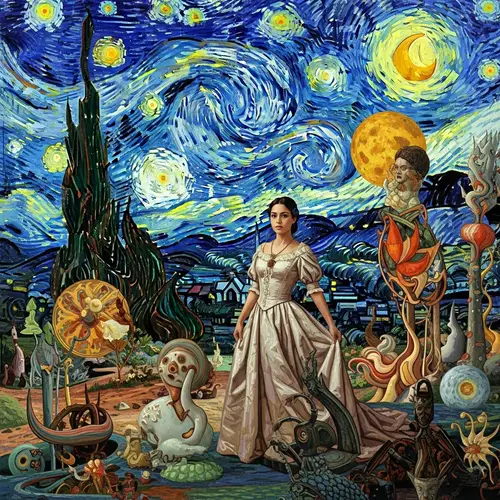 Cosmic Dance of Celestial Bodies and Hispanic Woman in Romantic Gown