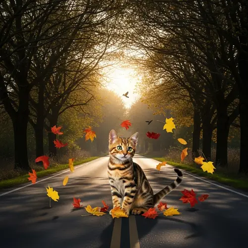 Tranquil Scene: Striped Feline on Country Road