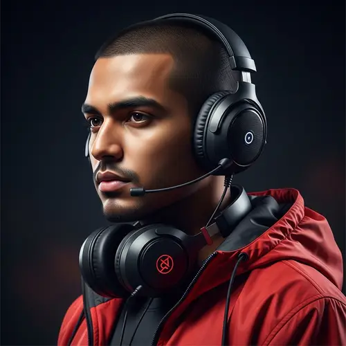 South Asian Man Profile Picture | Bold Red Jacket & Gaming Headset