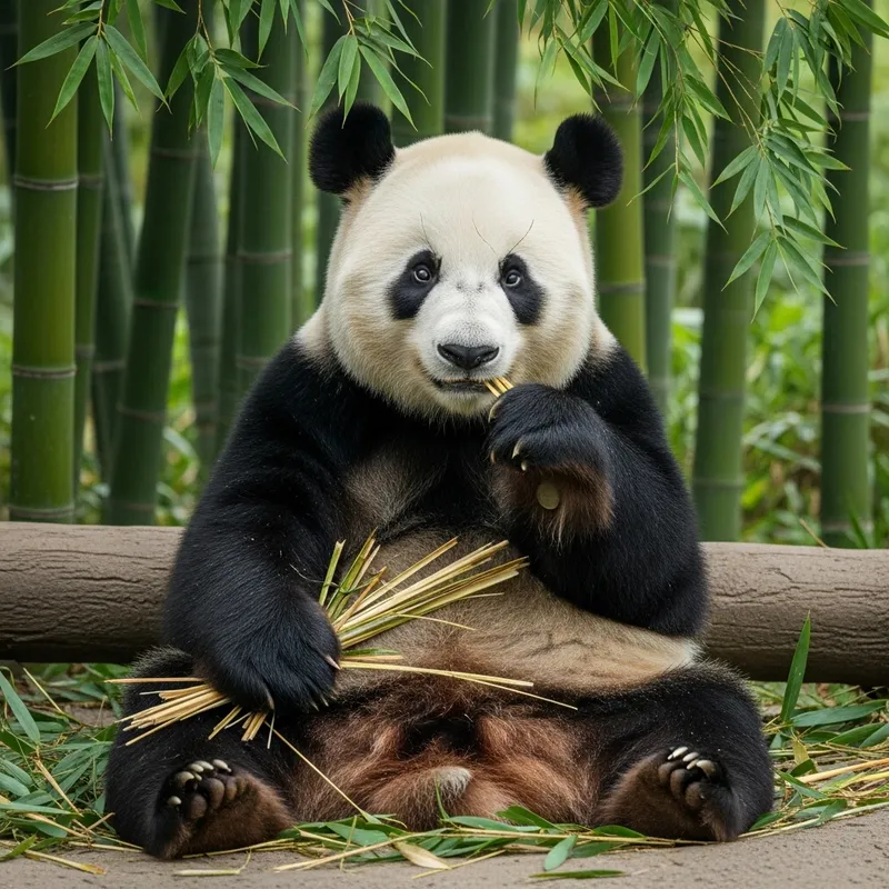 Adorable Panda Munching Bamboo in Lush Forest Adorable Panda Munching Bamboo in Lush Forest