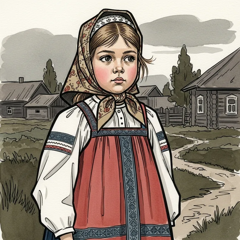 Russian Girl in USSR-Style National Costume: Ink & Watercolor