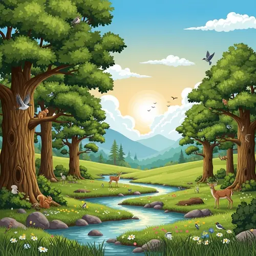 Serenity of Unspoiled Nature - Green Forest & Wildlife Illustration
