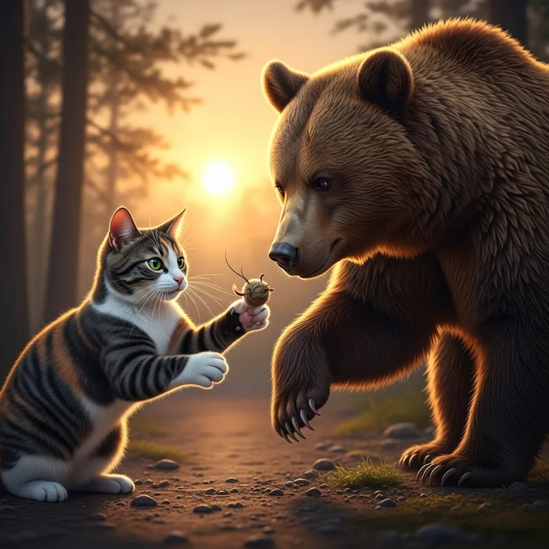 Whimsical Cat and Bear Friendship at Sunset