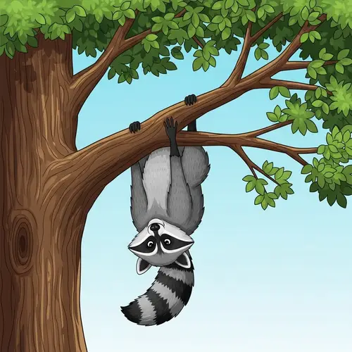 Raccoon Hanging Upside Down in Tree - Fun Illustration