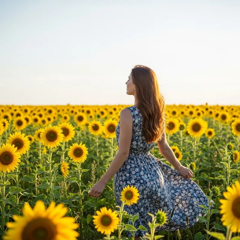 Enchanting Sunflower Scene with a Beautiful Woman Enchanting Sunflower Scene with a Beautiful Woman