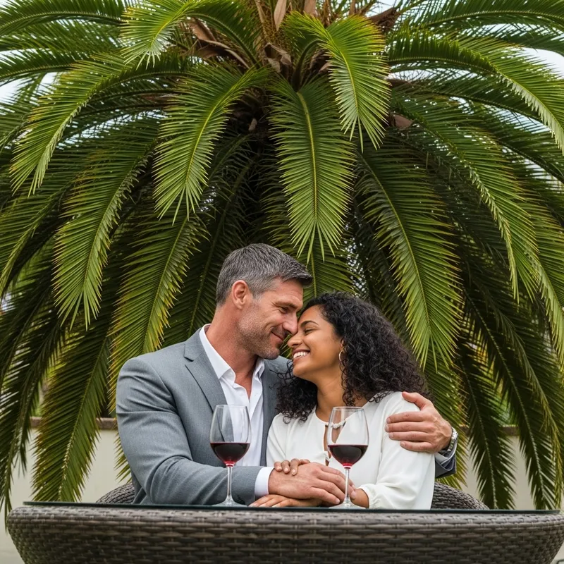Tropical Romance: Intimate Wine Lovers Embracing Under Green Palm