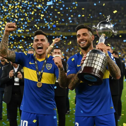 Boca Juniors Football Players Celebrate Victory with Trophy