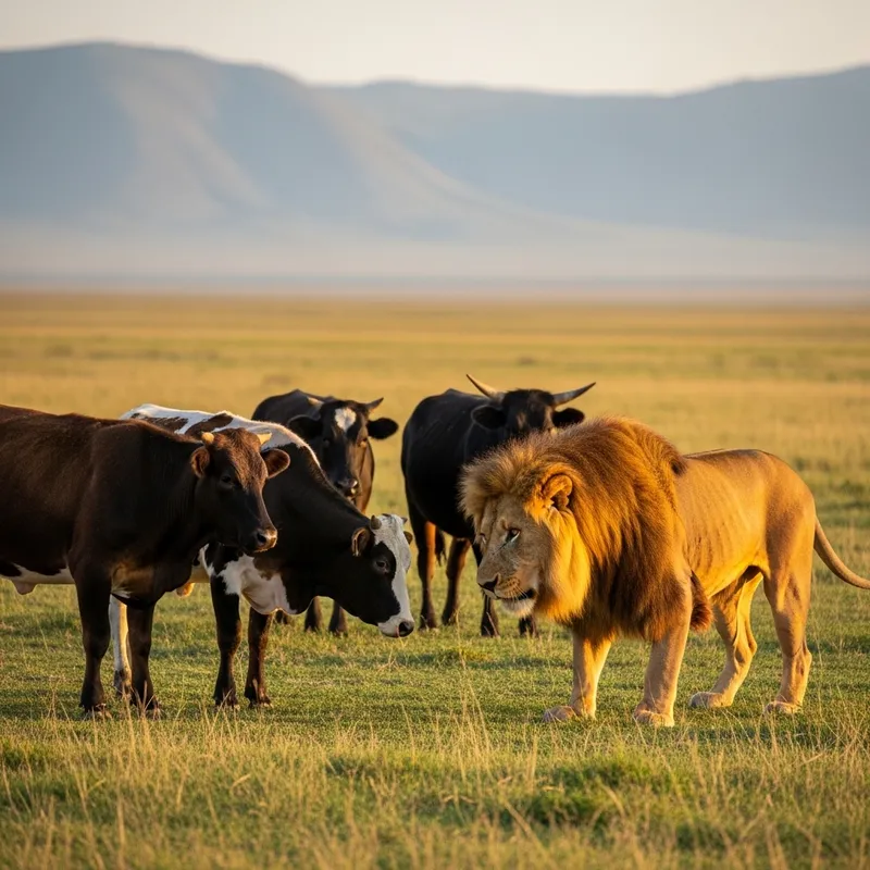 Majestic Lion Playing with Cattle in Grassland