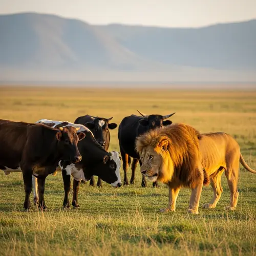 Majestic Lion Interaction with Cattle in Grassy Plains