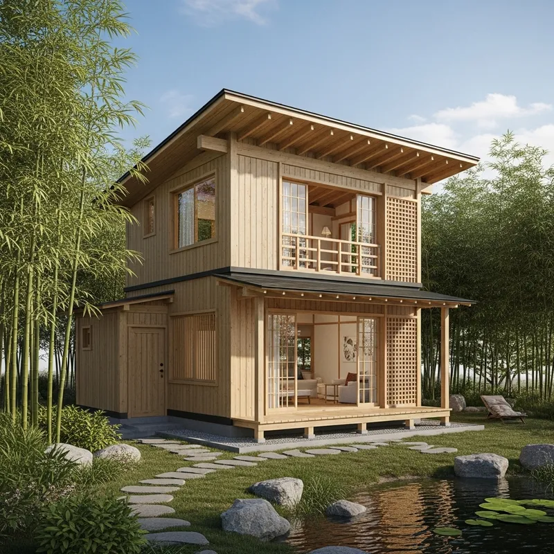Two-Story Japanese Style Cottage Surrounded by Bamboo Forest and Pond