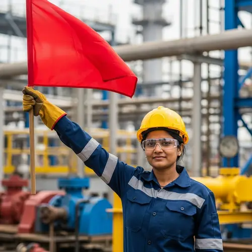 Powerful Worker in Heavy Industry with Red Flag