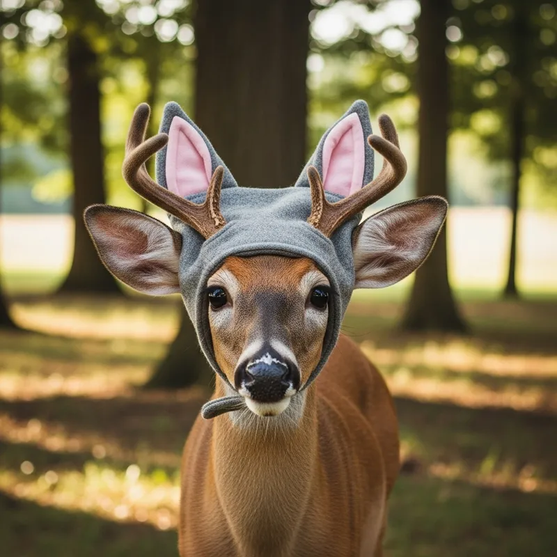 Deer in Hat with Cat Ears - Unique Wildlife Fashion