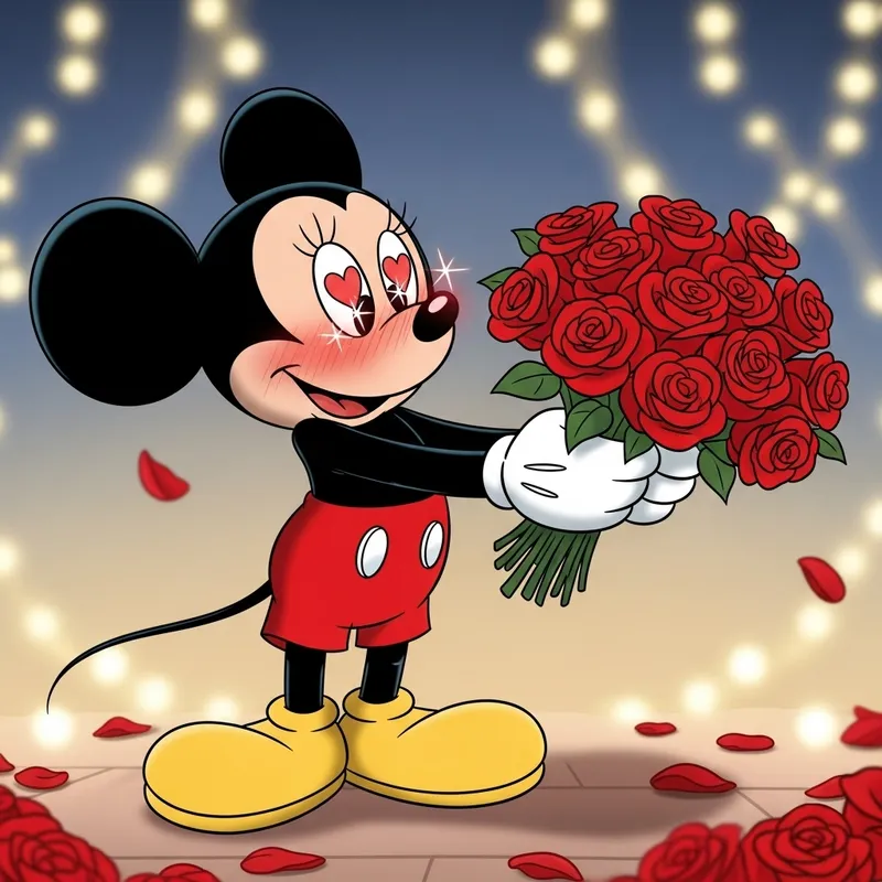 Romantic Mickey Mouse | Holding Red Roses - Cartoon Character in Love