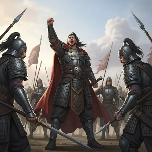 Dynamic Warrior Scene: Valiant Leader Inspiring Troops