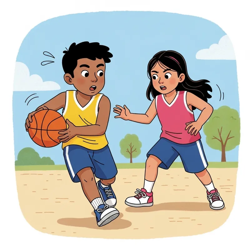 Children's Basketball Illustration: Boy and Girl Playing, Fun Drawing Children's Basketball Illustration: Boy and Girl Playing, Fun Drawing