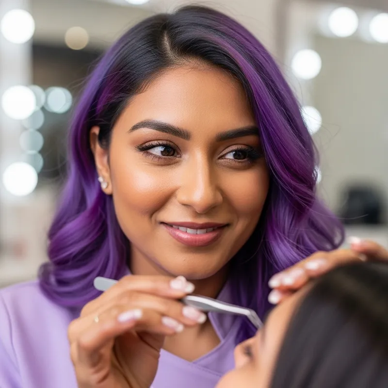 Passionate Eyelash Stylist in Purple Hat loves her Craft